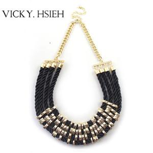 Quality VICKY.HSIEH Gold Tone 4 Layer Rope Metal Link Black Choker Necklace for sale
