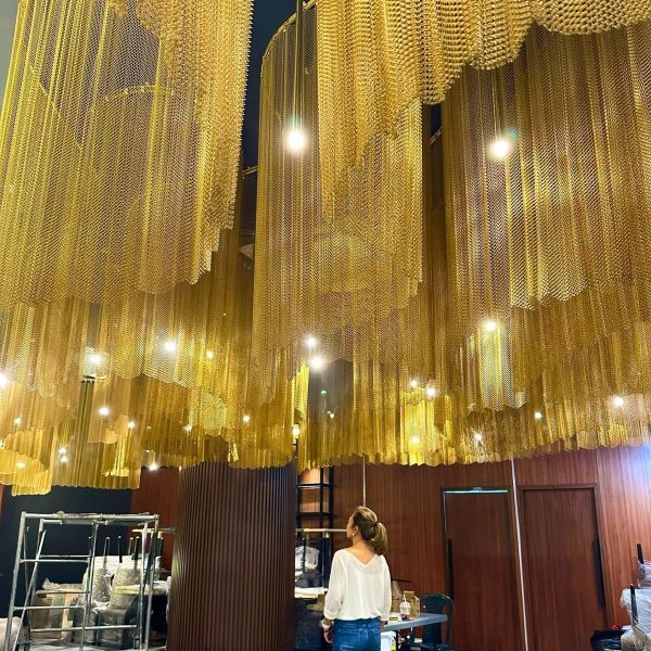 Customized Length Ceiling Curtain With Woven Mesh Pattern And 7x7 Rope Construct Support Frame Design