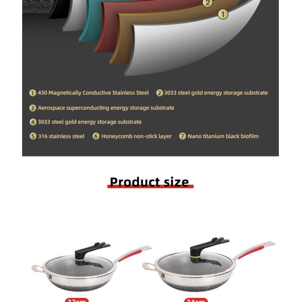 Hot Selling Kitchen 32cm Induction Wok Pan SUS 304 Stainless Steel Honeycomb Non-stick Frying Pan