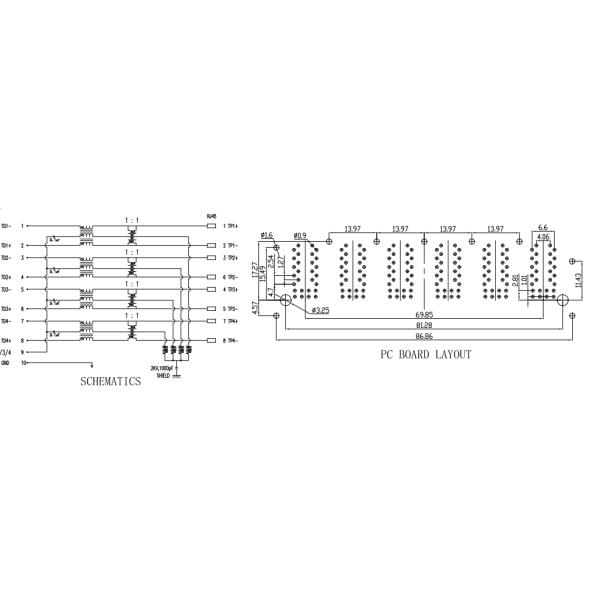 2 X 6 Port RJ45 Magnetic Jack , 10 / 100 Base - T RJ45 PCB Jack ROHS Certification