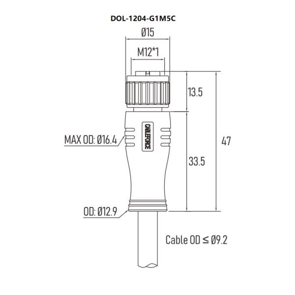1.5m Sensor Actuator Cable M12 T Code 4Pin 12A Female Connector EMI Shielded