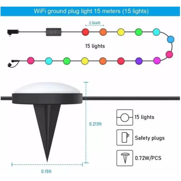Tuya APP RGBIC Outdoor Lawn Lights Strings Plug 15 Bulbs Wifi