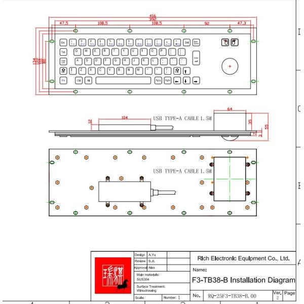 Dustproof Panel Mount Metal Waterproof Keyboard Esay Clean With 38mm Trackball