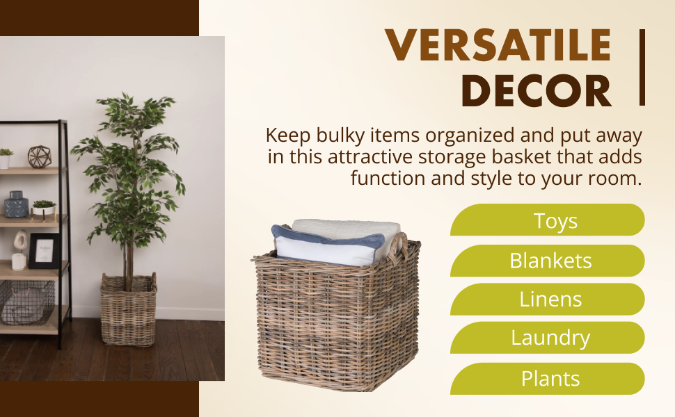 Large Square Rattan Basket, Handmade, Living Room, Blankets, Toy Bin, Extra Storage, Decorative Storage, Laundry Basket, Linens, Gray & Brown, Large