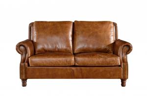 Quality Retro Crack 2 Seater Chocolate Brown Leather Sofa Brass Nails Full Handwork Craft for sale