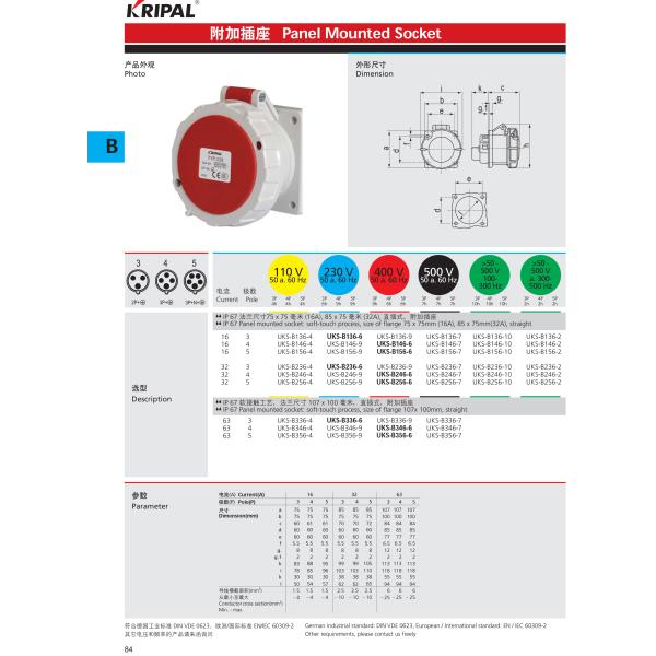 Straight IP67 Outdoor Industrial Panel Mounted Receptacles /Sockets 16A,32A,63A,125A 2P+E, 3P+E 3P+N+E