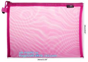Quality OEM mesh plastic A4 file bag with zipper, net netting document bag pouch, customized PEVA coated net polyester fabric fo for sale