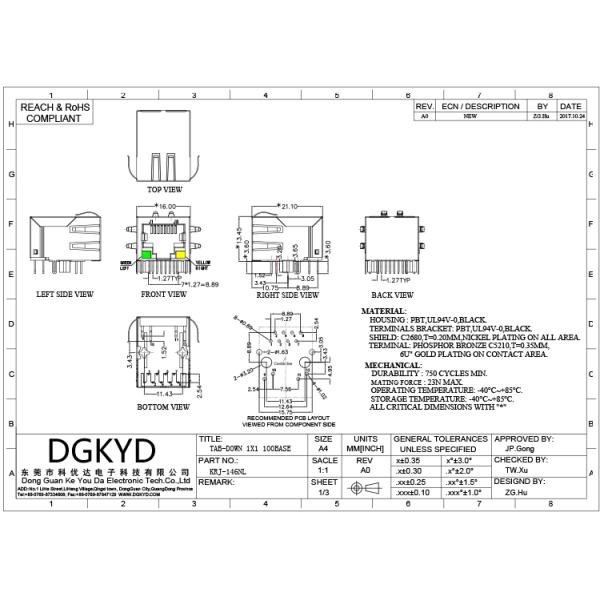 Single Port 10 / 100 BASE-T RJ45 Integrated Magnetics Jack, G/Y led
