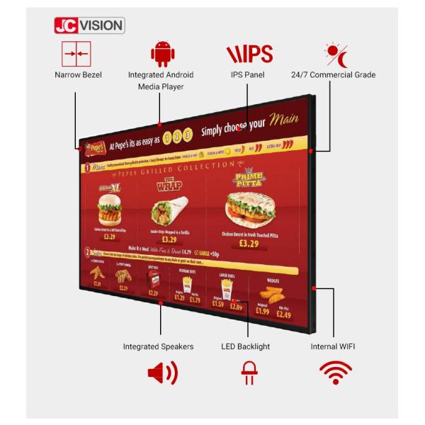 43 / 55inch Narrow Bezel Frame LCD Advertising Display Digital Menu Boards For Restaurants