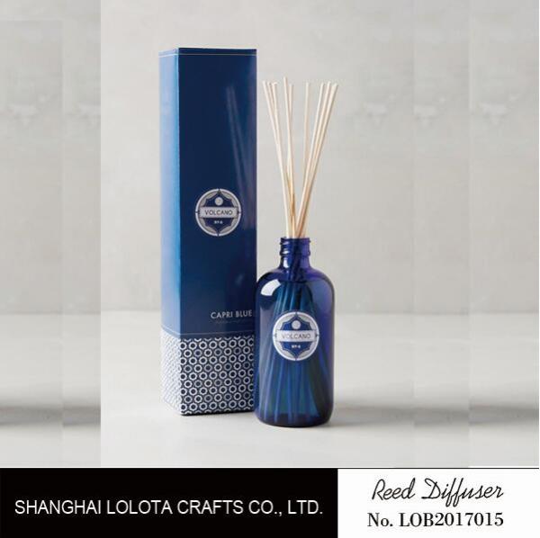 Buy transparent blue color reed diffuser with natural stick and pattern folding box at wholesale prices