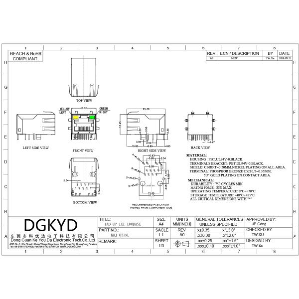 RJ45 Single Port Connector 100Mbps with LED Yellow Green for PCB