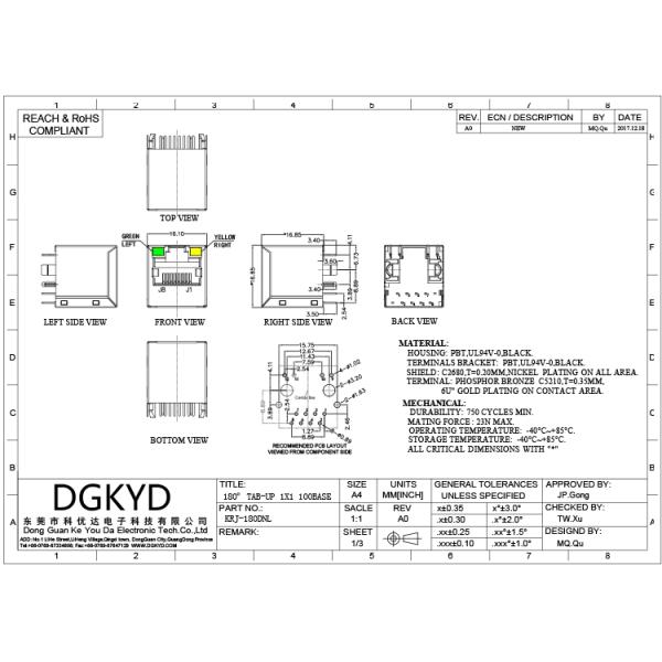 KRJ-180DNL Top entry cat 5/5e Rj45 Lan Jack with internal magnetics , height 17.25mm