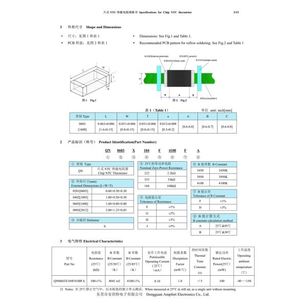 NTCS0603E3104FXT 0603 SMD Glass Protected Chip NTC Thermistors QN0603X104F4100FA 100K 1% 4100