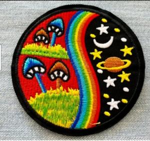 Quality Space Mushroom Custom Embroidered Patch Iron On Backing Twill Fabric Background for sale