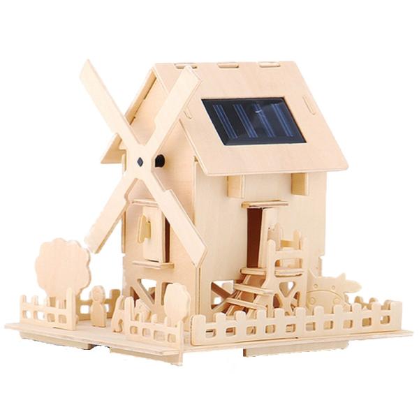 Environmental Solar Windmill Toy House DIY Educational Wooden Toy For Kids
