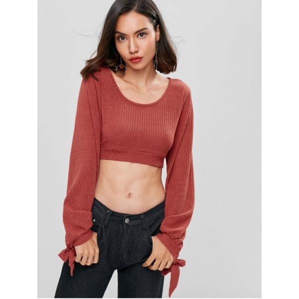 Open Back Knotted Cut Out Long Sleeve Knit Top Women