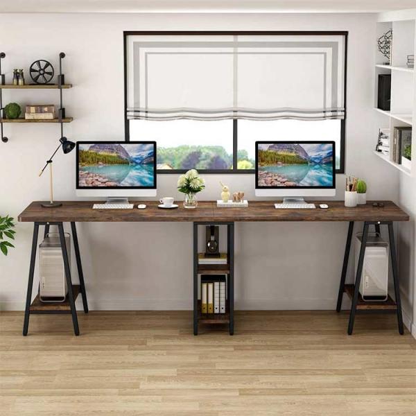 Metal Frame Modern Workstation Desk Brown Pvc Edging With Shelves