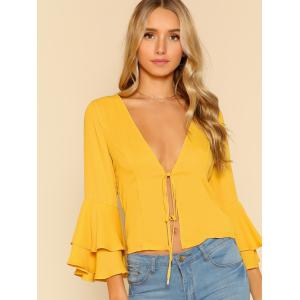 Lady deep v neck flounce sleeve sexy fashion blouse with tie