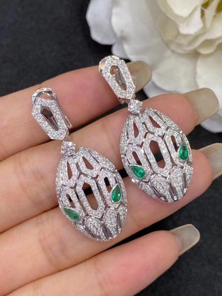 Buy White 18K Gold Diamond Earrings Emerald Eyes Full Pave Diamonds at wholesale prices
