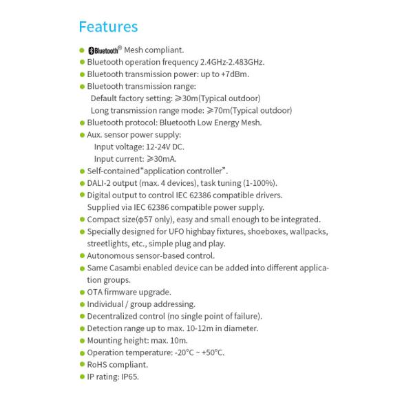 Zhaga book18 based CASAMBI BLE mesh PIR motion sensor, DALI-2 output, self-contained "application controller", highbay detection range, with Daylight
