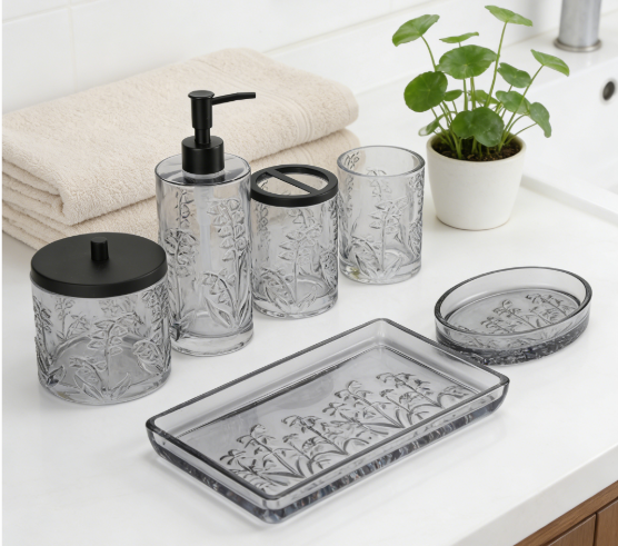 Smoke luxury glass bathroom accessories set round with vintage pattern bath kit soap dish tumbler