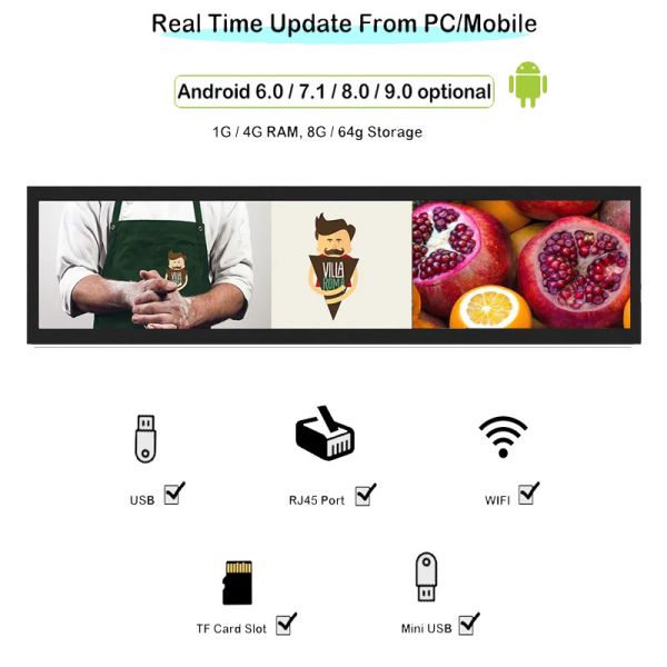 Ultra Wide Stretched Bar LCD Display Wall Mount 19.5 Inch 24 Inch 35 Inch