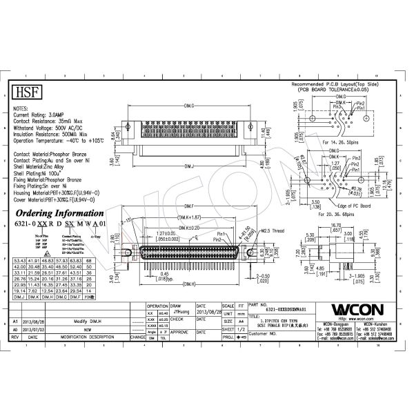 1.27mm scsi male CEN-Type connector mating with 6320M 50 pin scsi connector phosphor bronze