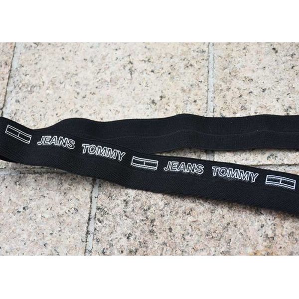 2cm Black Elastic Webbing Straps Printed With White Cut Out Letters Logo