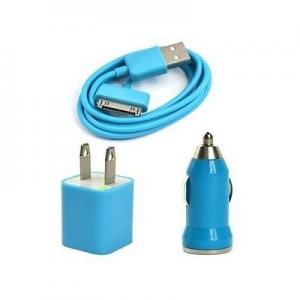 Quality USB AC Wall Charger and Car Charger+Data Cable for Apple iPod Touch or iPhone4 4S 4G Blue for sale