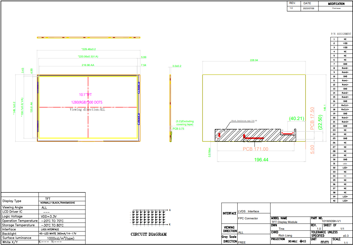 10.1'' 31pin TFT LCD Screen 1280X800 LVDS 8bit Interface For Medical Equipments