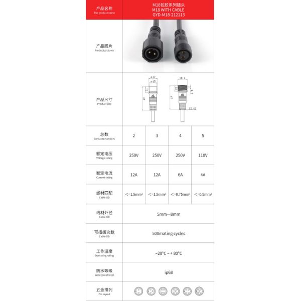 IP68 M18 LED High Power Light Power Cable Waterproof Connector for Outdoor Power Supply