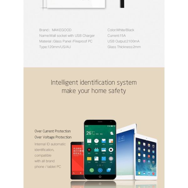 Smart Home AU Crystal Tempered Glass Panel Smart Touch Usb Charger & Wall Socket