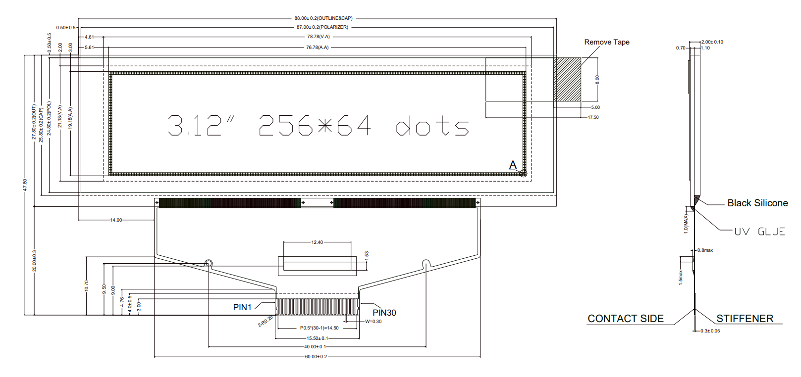 3.12 Inch Industrial Grade OLED Display Module- 256x64 Pixels, 30-Pin with SPI, I2C Interfaces