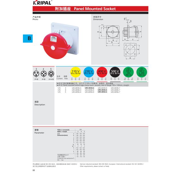 Straight IP67 Outdoor Industrial Panel Mounted Receptacles /Sockets 16A,32A,63A,125A 2P+E, 3P+E 3P+N+E