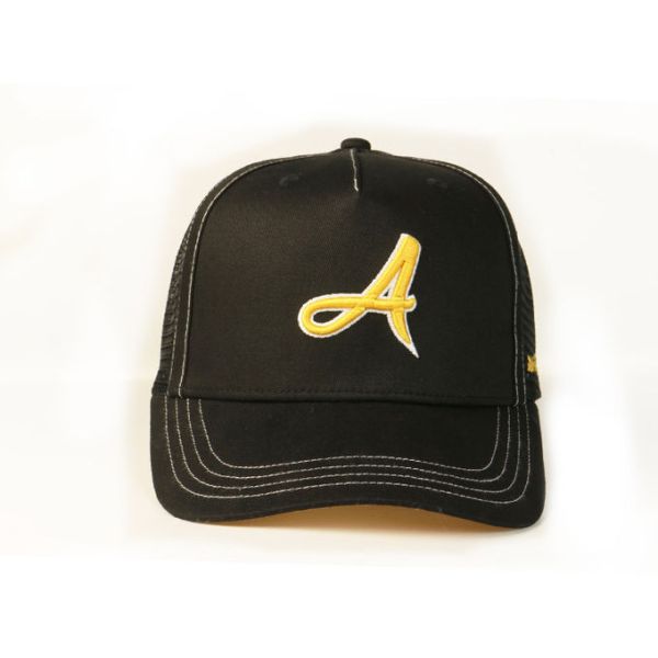 Custom Unisex 5 Panel Trucker Cap Hat , Customized Black 3D Embroidery Mesh Hat