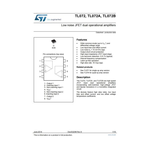 TL072CDT Low Noise Amplifier IC Board Dual Operational Amplifiers Op Amps JFET