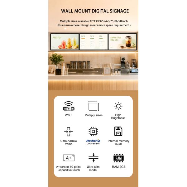 32" Wall-Mounted Digital Signage Android WiFi Advertising Player Ultra-Thin Metal Frame Commercial LCD Display OEM
