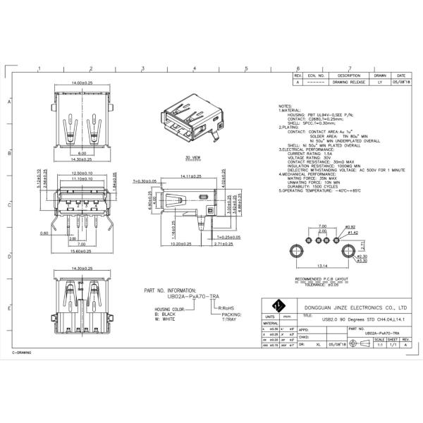 90 Degrees 2.0 USB type a receptacle Connector Port 4 Pin Female 30V 1.5A