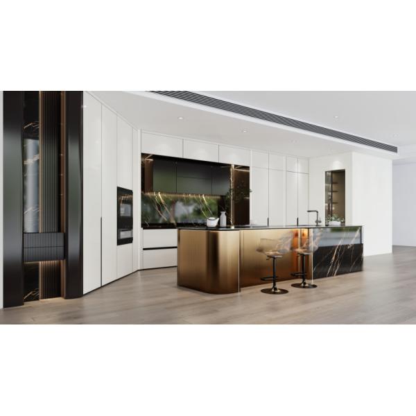 Luxury SS Modern Kitchen Cabinet With Multifunctional Curved Metallic Gold Island