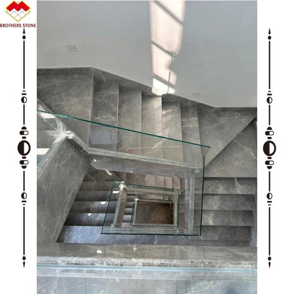 Grey Marble Stair Treads And Risers With Polished Finish For Interior Straight Stairs