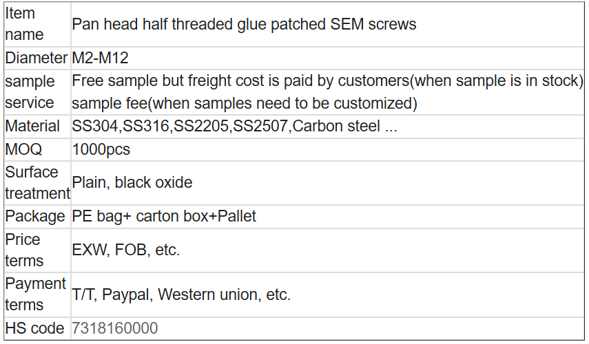 Pan head half threaded glue patched SEM screws