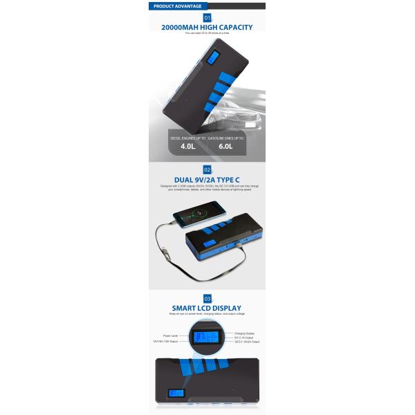 A26 Portable Emergency Multi Function Jump Starter 900A 20000mAh Capacity
