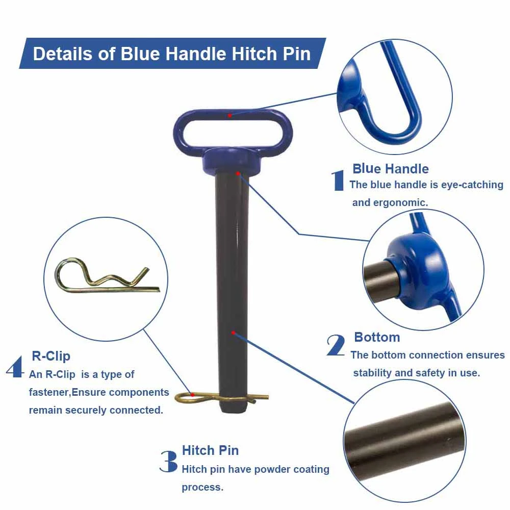 1/2" Blue/Gray Head Hitch Pin with R Clip Black Powder Coating Zinc Plated for Trailer Truck Construction Machinery