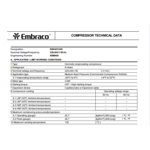 Embraco Compressor NEK6213GK 220-240V 50Hz R404A for Freezer