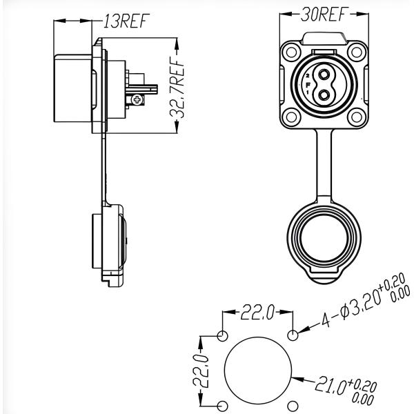 LP20 4-Core 20A Waterproof Connector IP68 Metal Plastic Flange Mount
