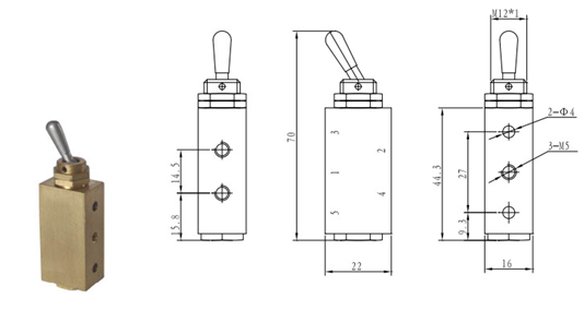 Miniature Two Position Five Way Manual Directional Control Brass Hand Toggle Valve