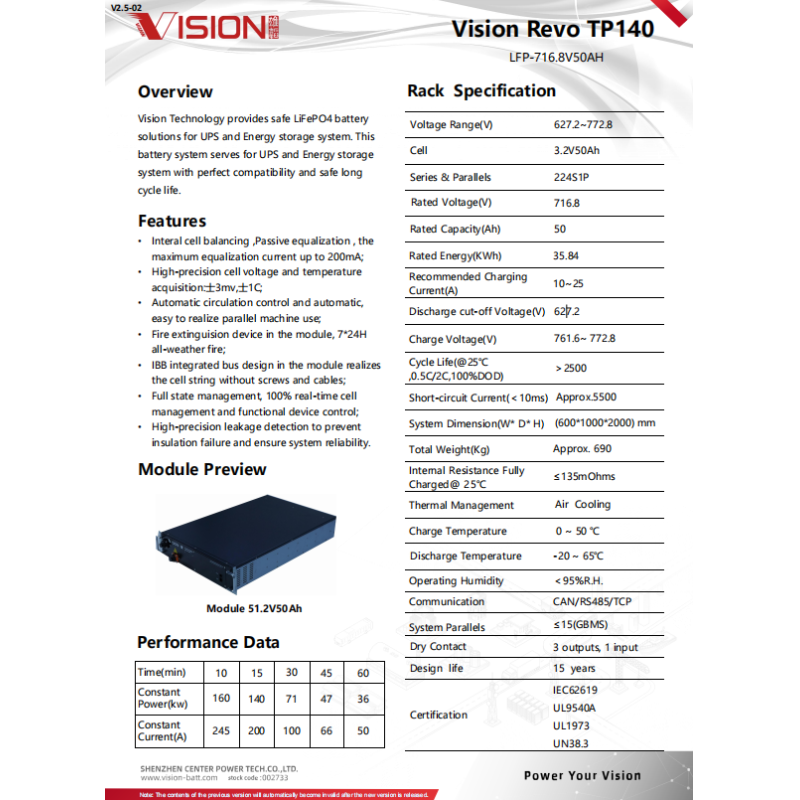 VISION Revo High Rate Solid State 3.2V50AH LFP Lithium Battery System Cells Cabinet TP140 716.8V50AH Pack High Cycle Life
