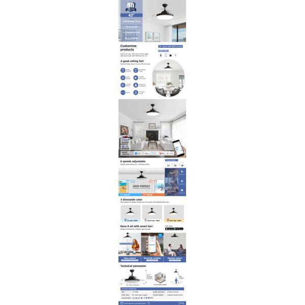 DC Silent Motor LED Retractable Ceiling Fan Light 6 Speed Remote Control
