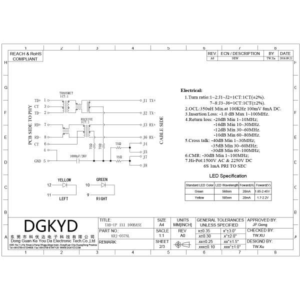 RJ45 Single Port Connector 100Mbps with LED Yellow Green for PCB
