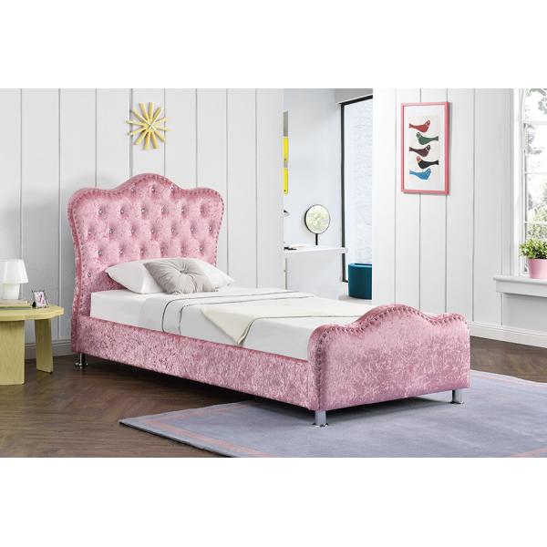 Pink Color Light Upholstered Bed Frame With Crown Headboard Storage Crystal Buttons